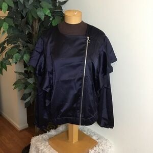 K lab navy angled zip up ruffle shoulder satin look jacket Woman’s XL